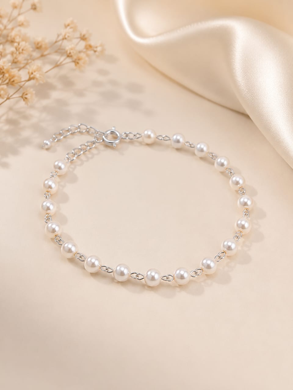 Pulseira de Pérolas Feminina Prateada Delicada Elegante Ajustável