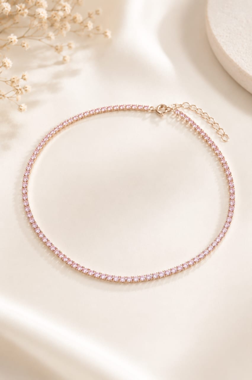 Choker Riviera Rosa com Cristais Feminina Prateada Delicada