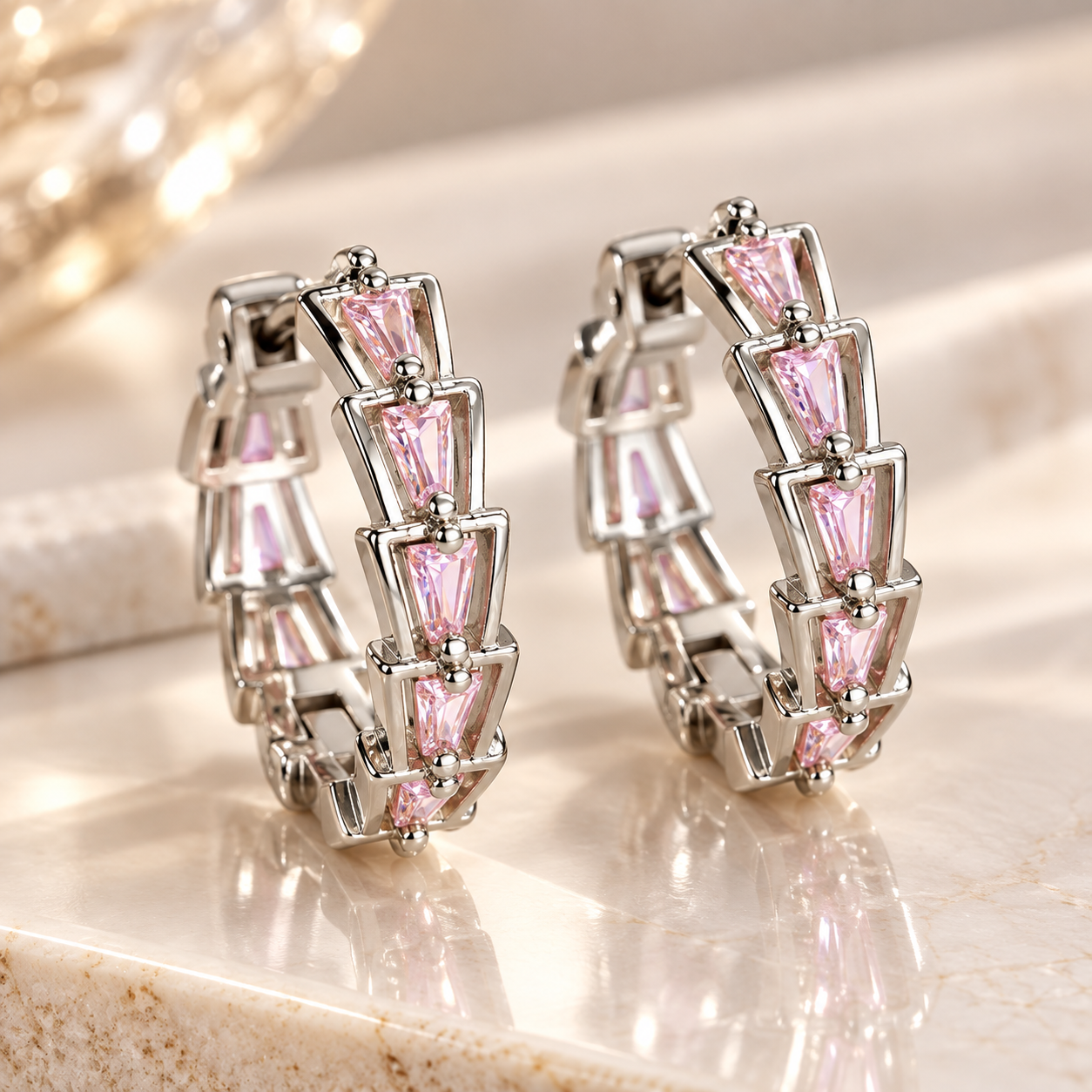 Brinco Argolinha Em Triângulos E Vazados Com Baguetes (18mm)-182 Rosa Claro