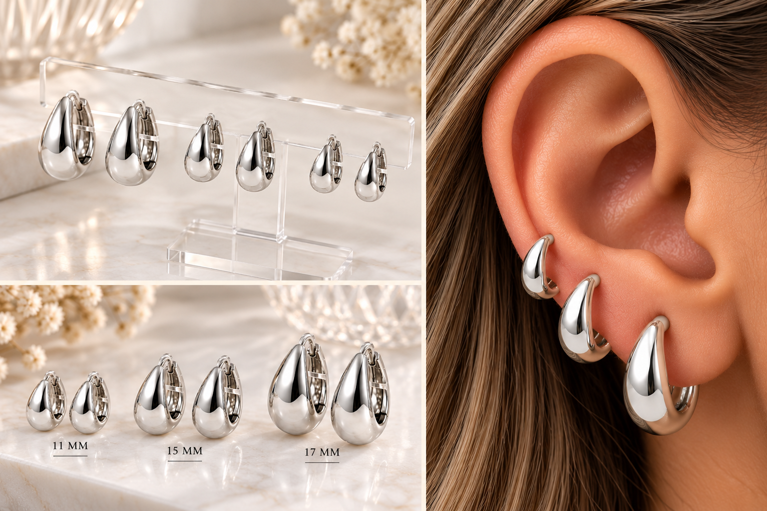 Brinco Trio Argolinha Articulada Liso Formato Gota (11/15/17mm)