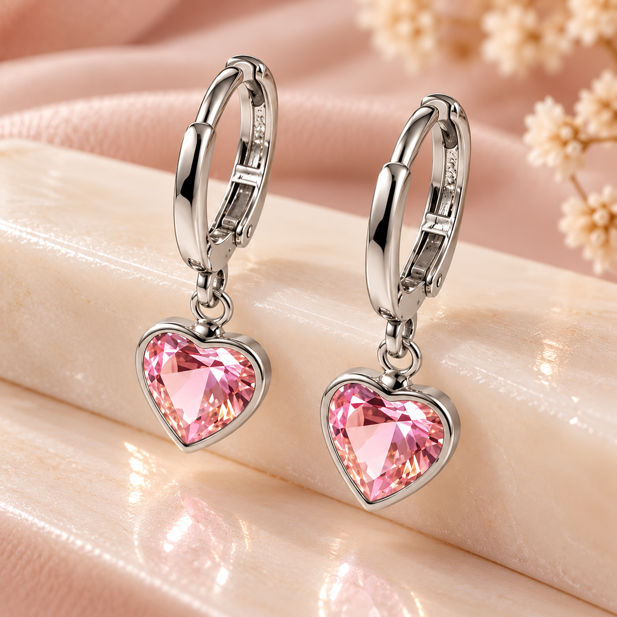 Brinco Argolinha Articulada Com Pedra Coração (7mm)-7 Rosa Claro