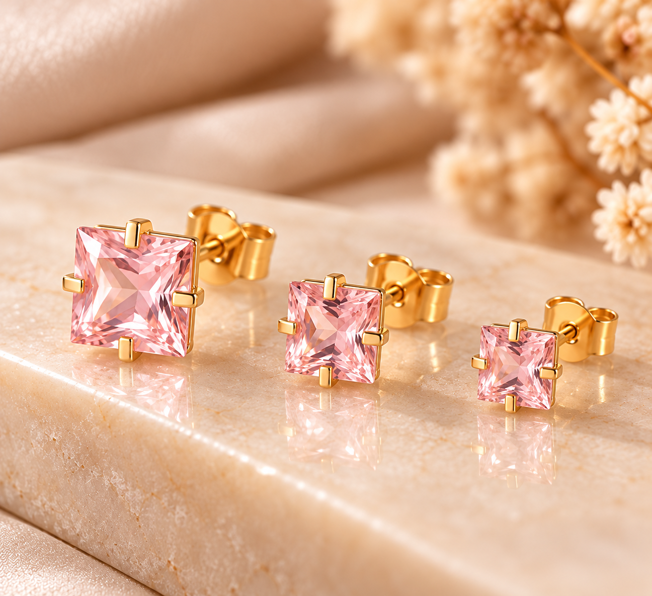 Brinco Trio Pedra Quadrada Com 4 Garras (4/5/6mm)-D2 Rosa Claro