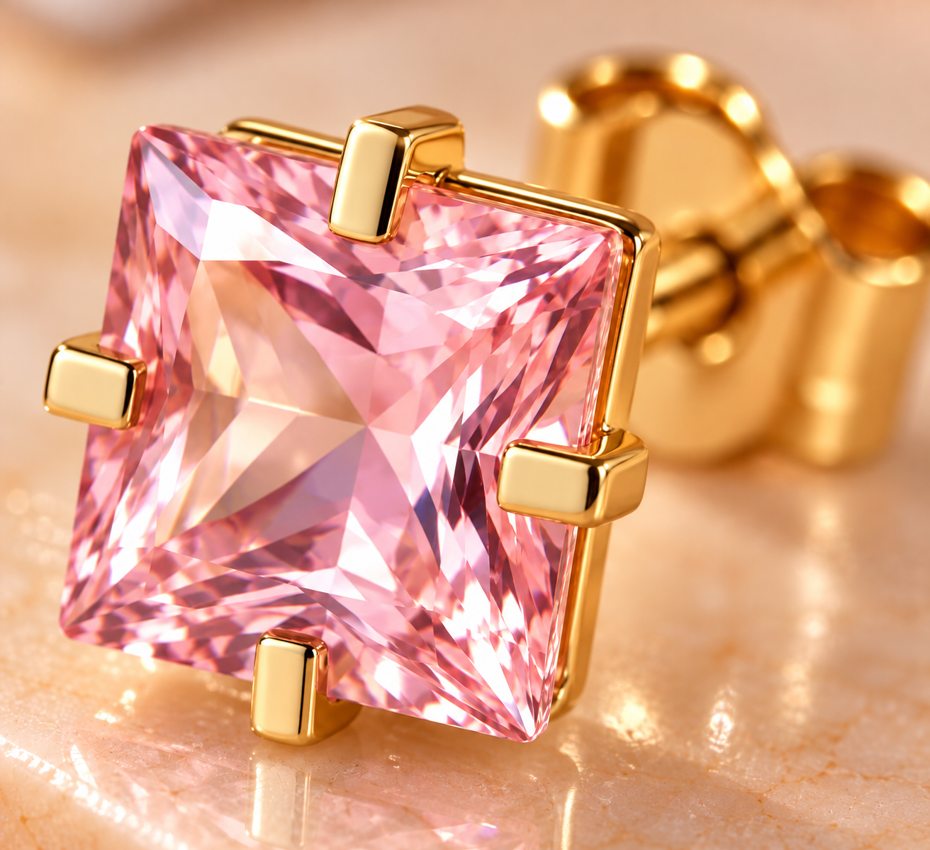 Brinco Trio Pedra Quadrada Com 4 Garras (4/5/6mm)-D2 Rosa Claro