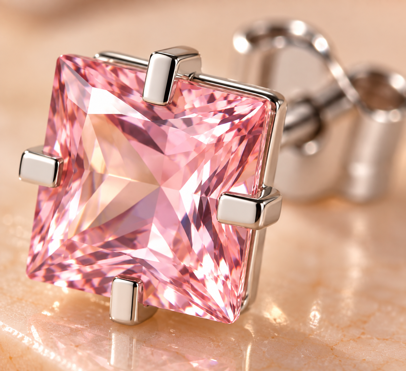 Brinco Trio Pedra Quadrada Com 4 Garras (4/5/6mm)-D2 Rosa Claro