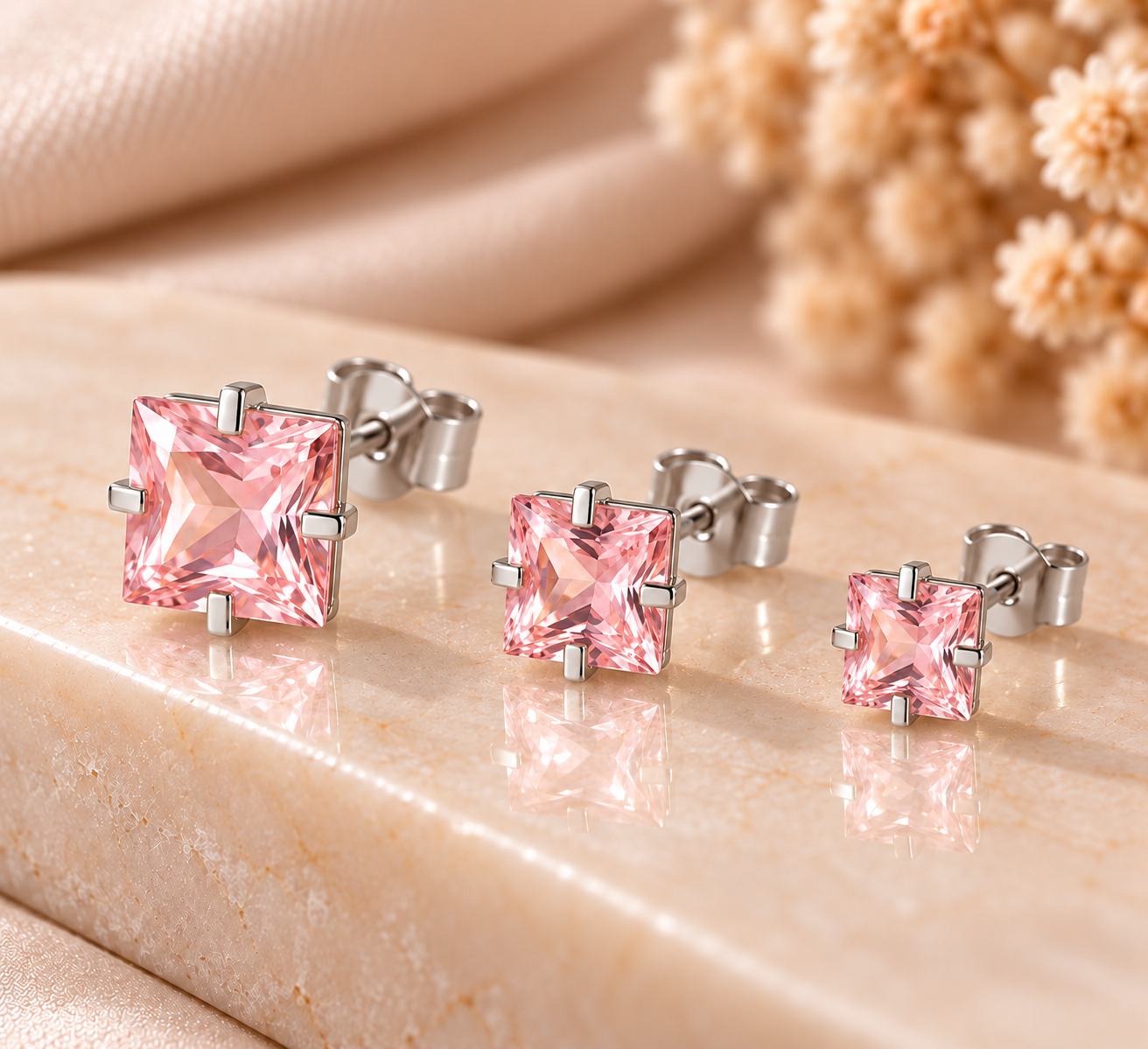 Brinco Trio Pedra Quadrada Com 4 Garras (4/5/6mm)-D2 Rosa Claro