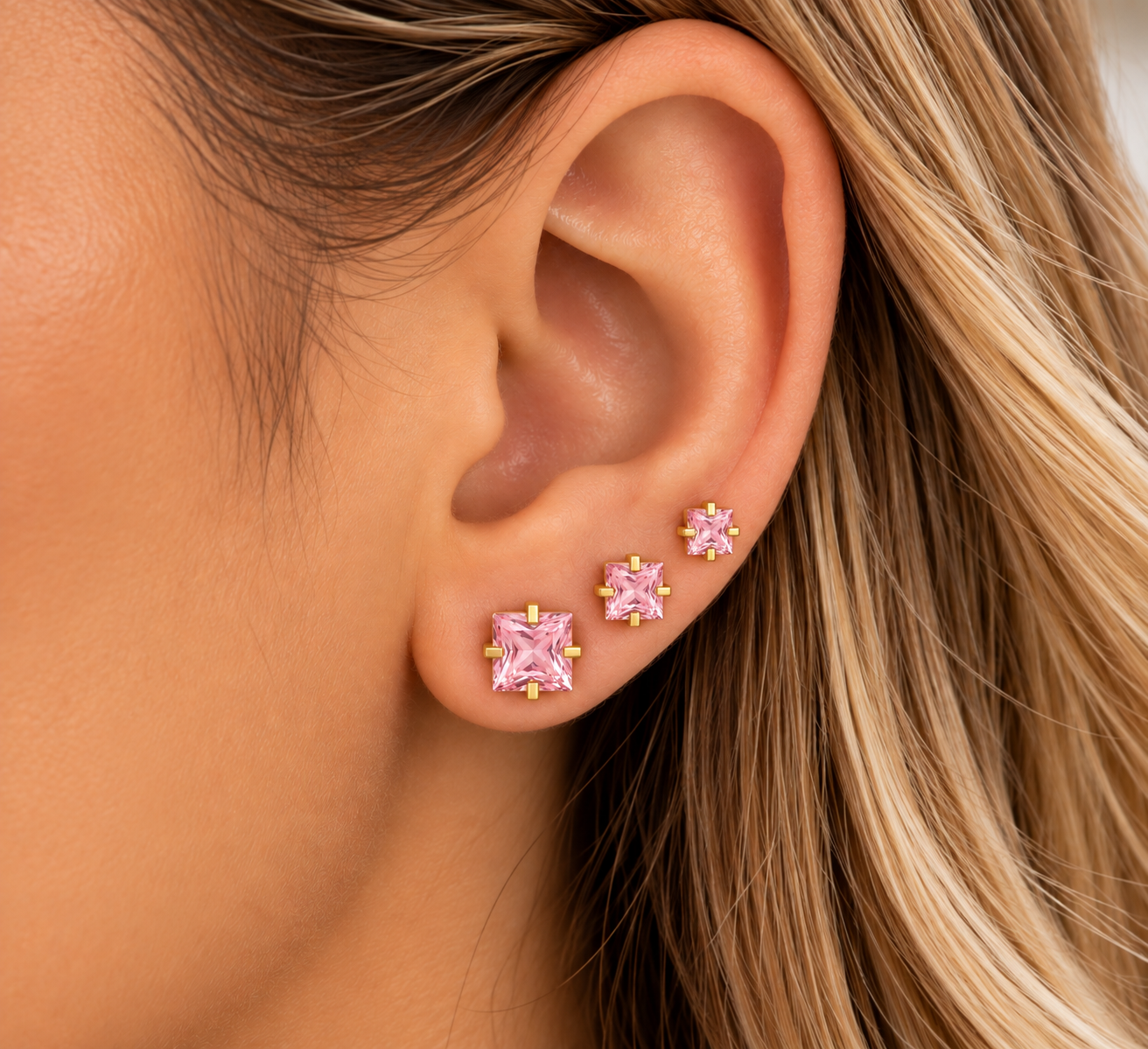 Brinco Trio Pedra Quadrada Com 4 Garras (4/5/6mm)-D2 Rosa Claro