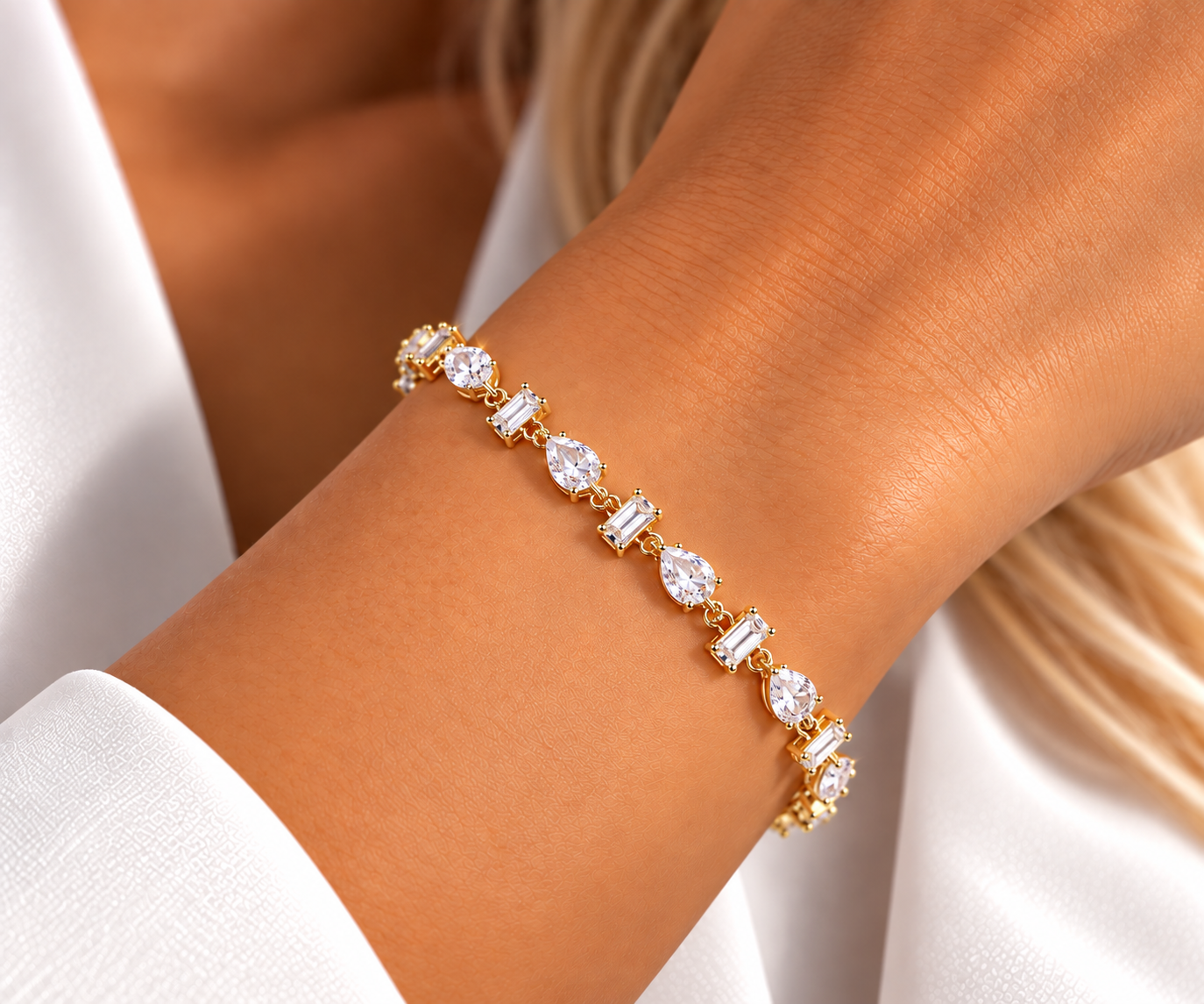 Pulseira Zircônias Retangular e Gota Cristal 16cm + Extensor
