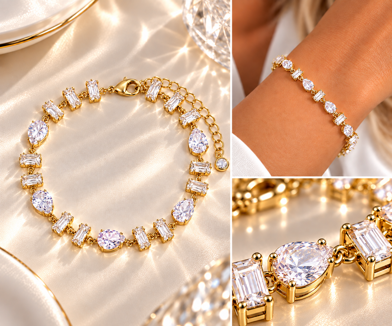 Pulseira Zircônias Retangular e Gota Cristal 16cm + Extensor