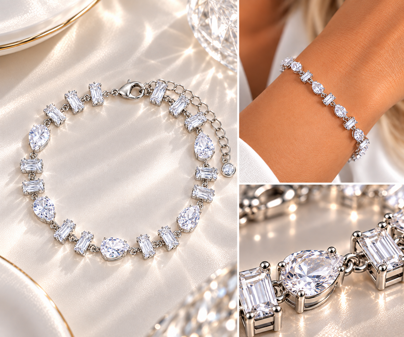 Pulseira Zircônias Retangular e Gota Cristal 16cm + Extensor