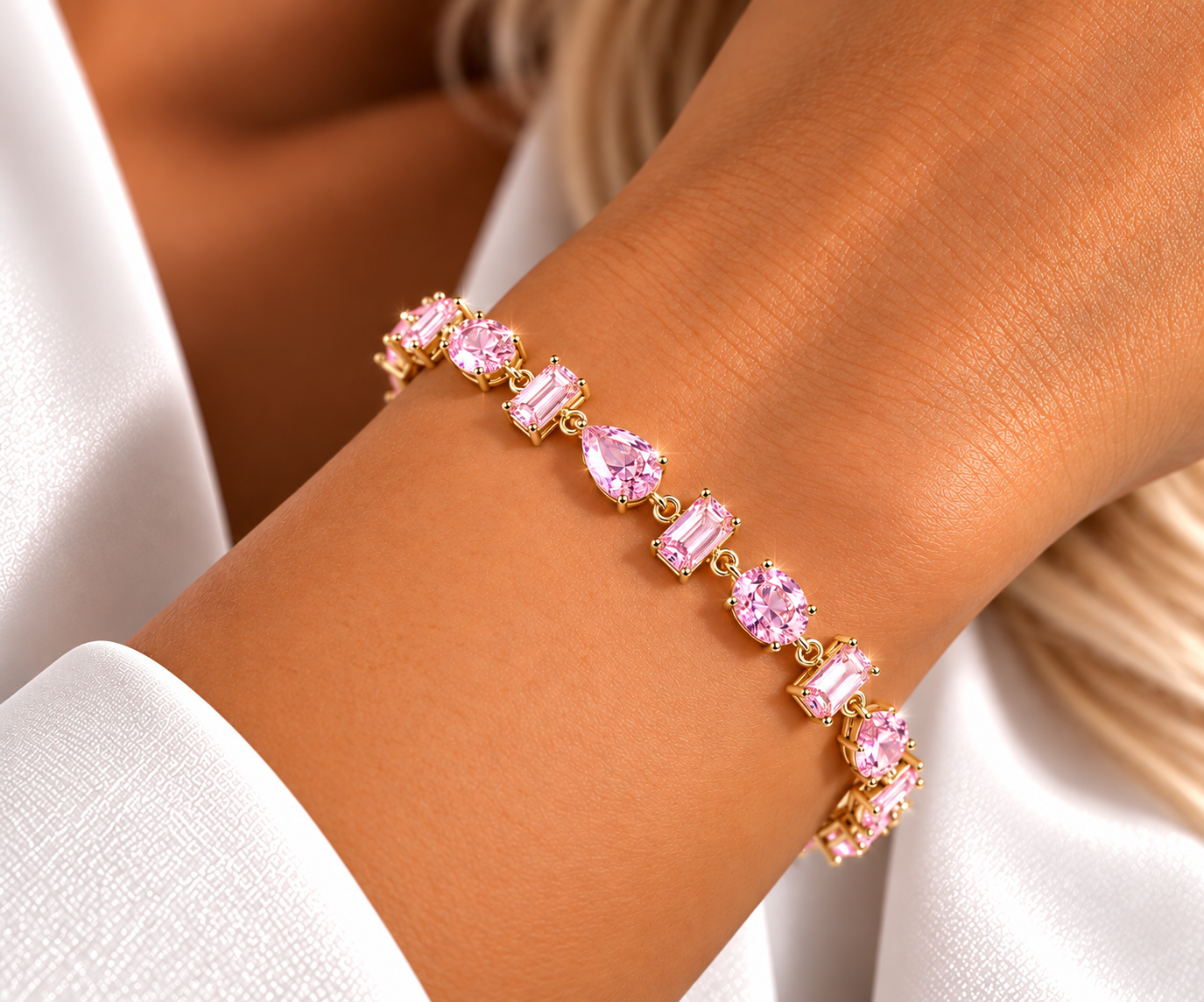 Pulseira Pedras Oval, Gota, Retangular e Redonda Rosa Claro