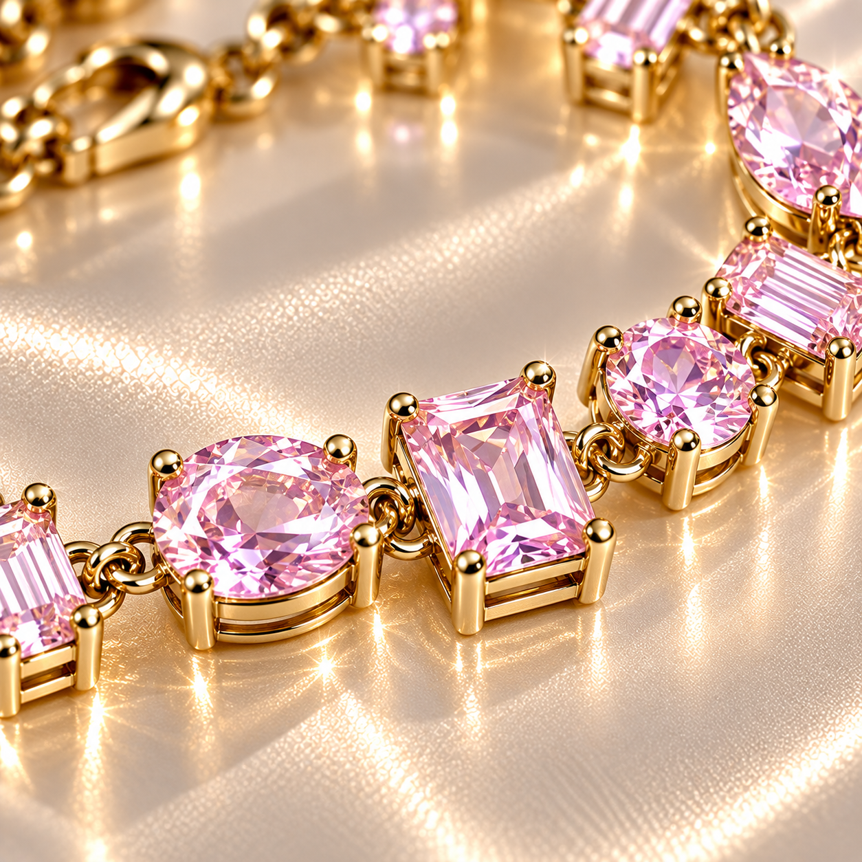 Pulseira Pedras Oval, Gota, Retangular e Redonda Rosa Claro