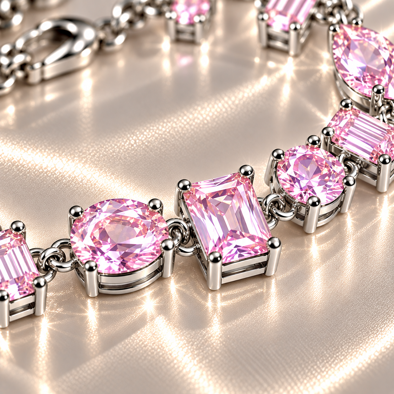 Pulseira Pedras Oval, Gota, Retangular e Redonda Rosa Claro