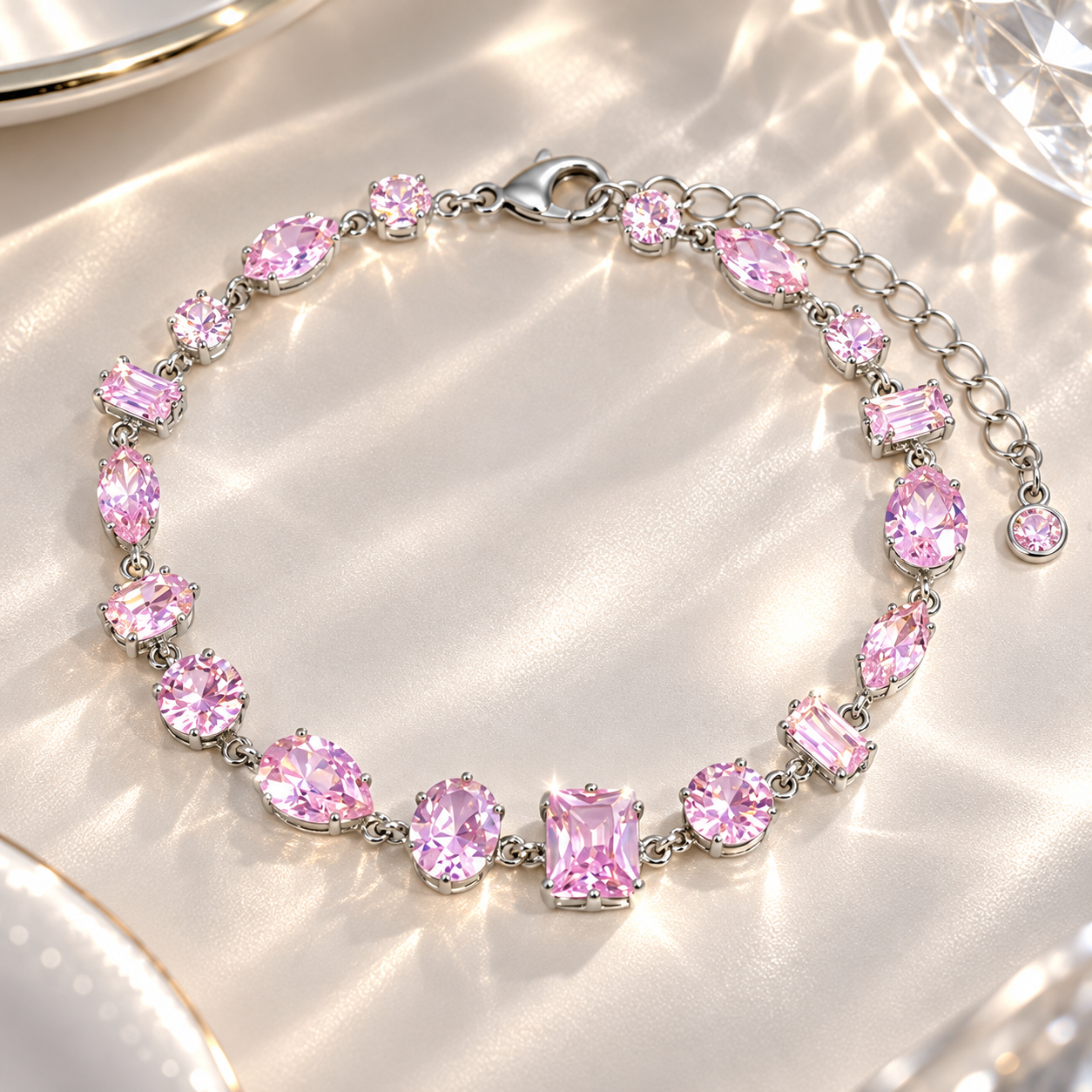 Pulseira Pedras Oval, Gota, Retangular e Redonda Rosa Claro