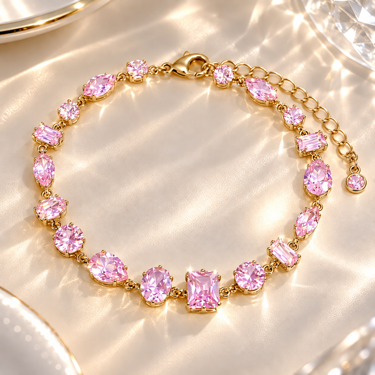 Pulseira Pedras Oval, Gota, Retangular e Redonda Rosa Claro