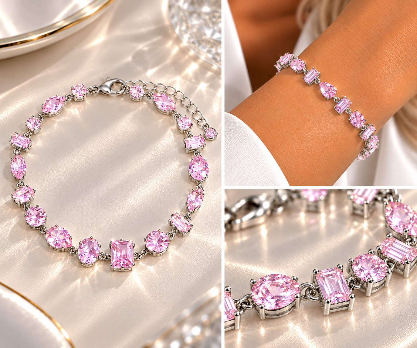 Pulseira Pedras Oval, Gota, Retangular e Redonda Rosa Claro