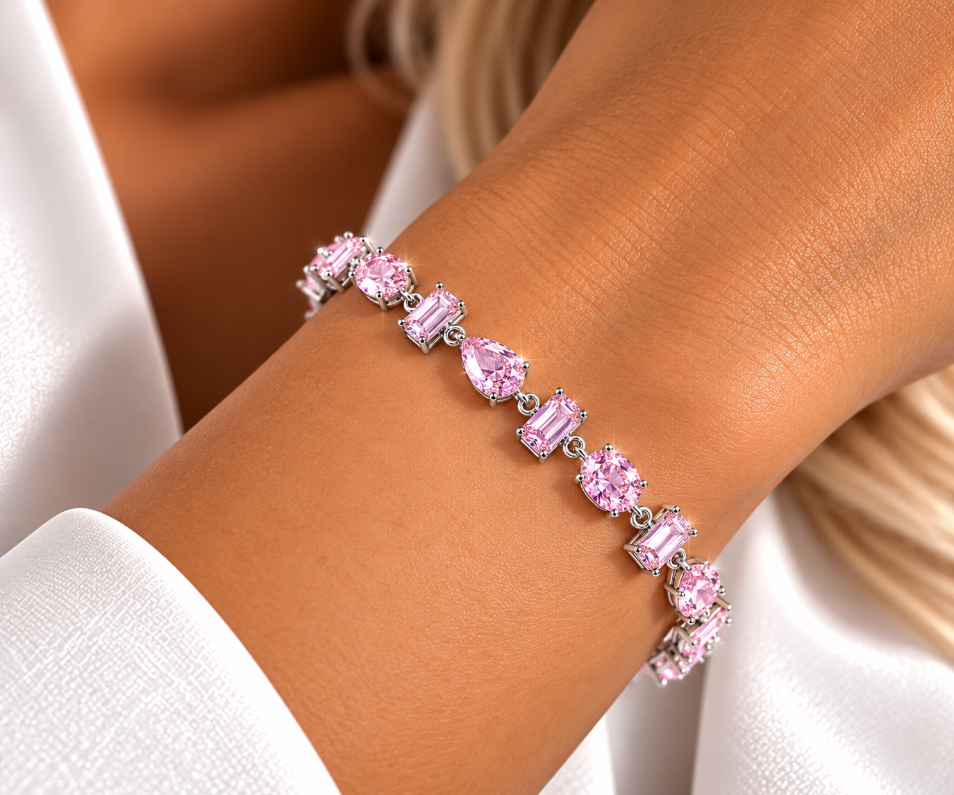Pulseira Pedras Oval, Gota, Retangular e Redonda Rosa Claro