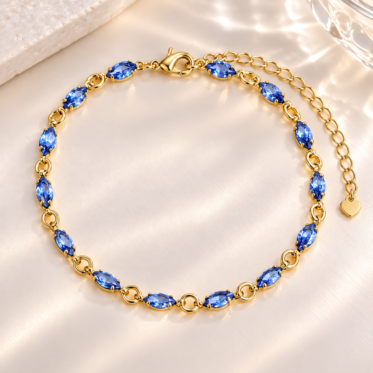 Pulseira Pedra Navete Deitada Azul 16cm + Extensor