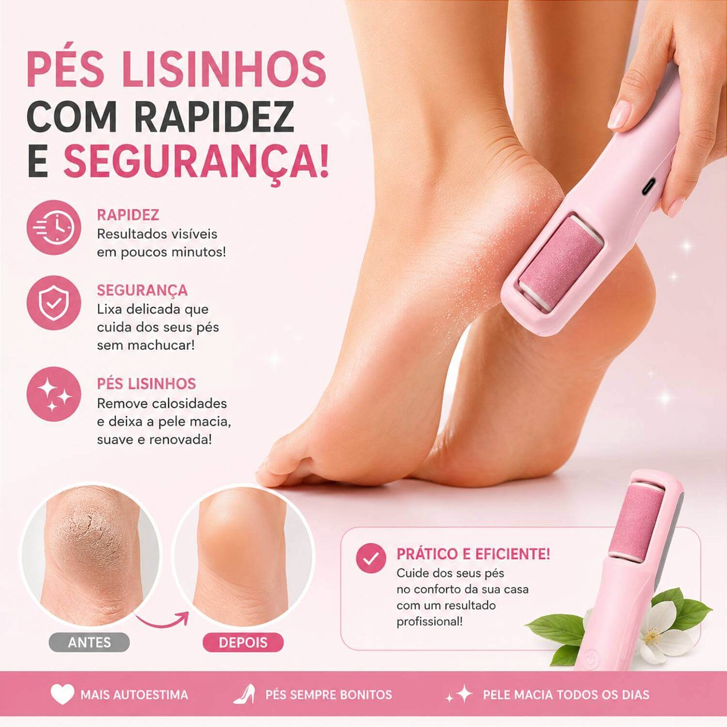 Lixa Elétrica para Pés Recarregável USB-C Removedor de Calos