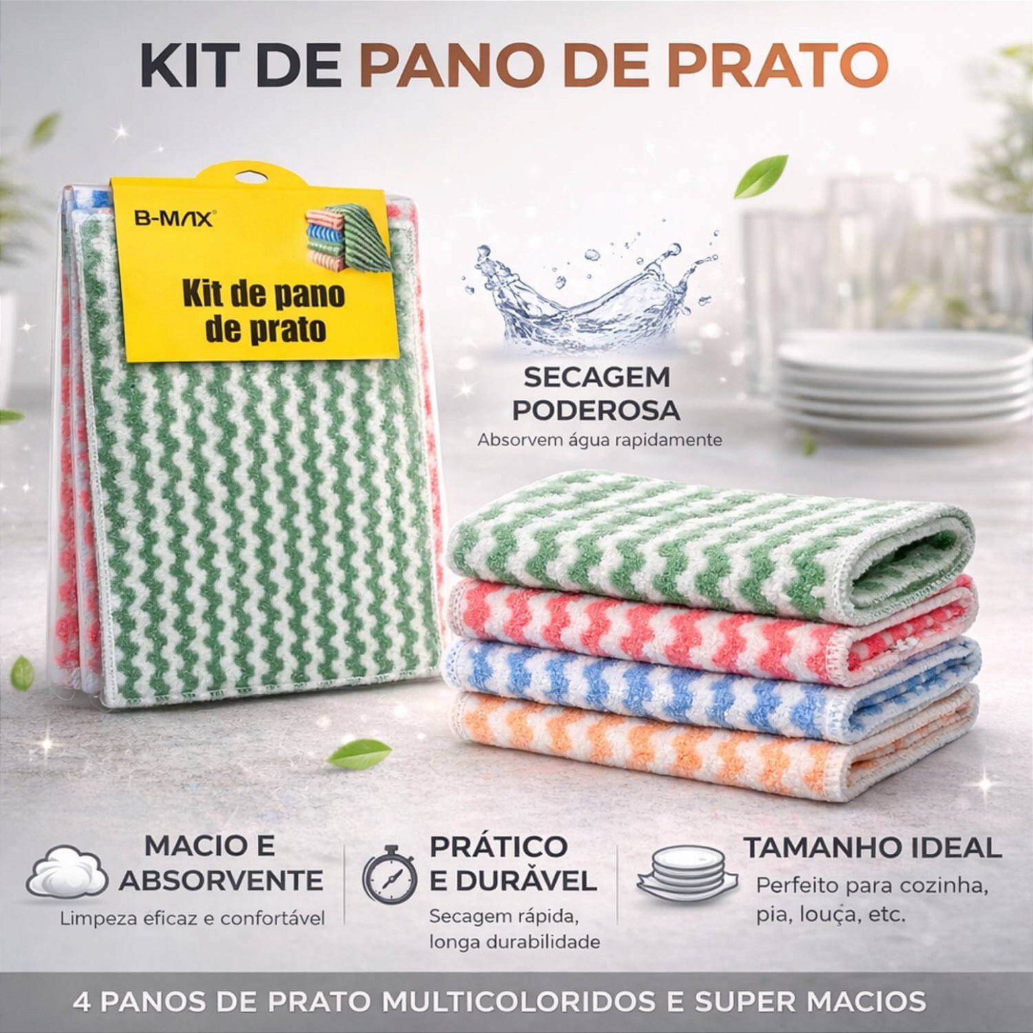 Kit com 4 Panos de Limpeza em Microfibra 23x23 cm B-MAX