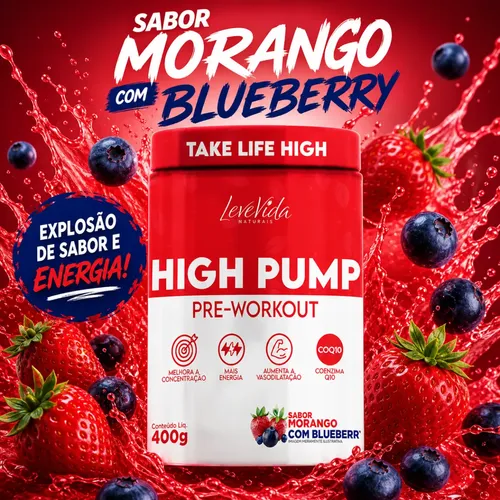 Pré Treino High Pump Levevida 400g sabor Morango Com Blueberry