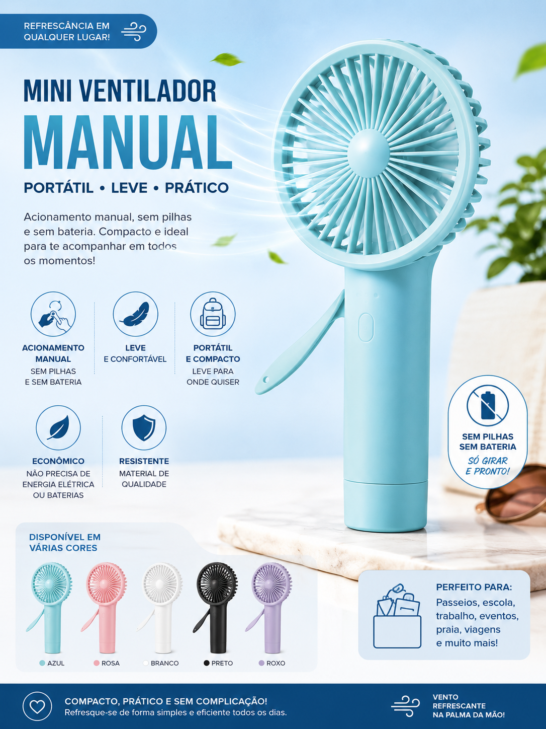 Kit 20 Mini Ventilador Manual Portátil