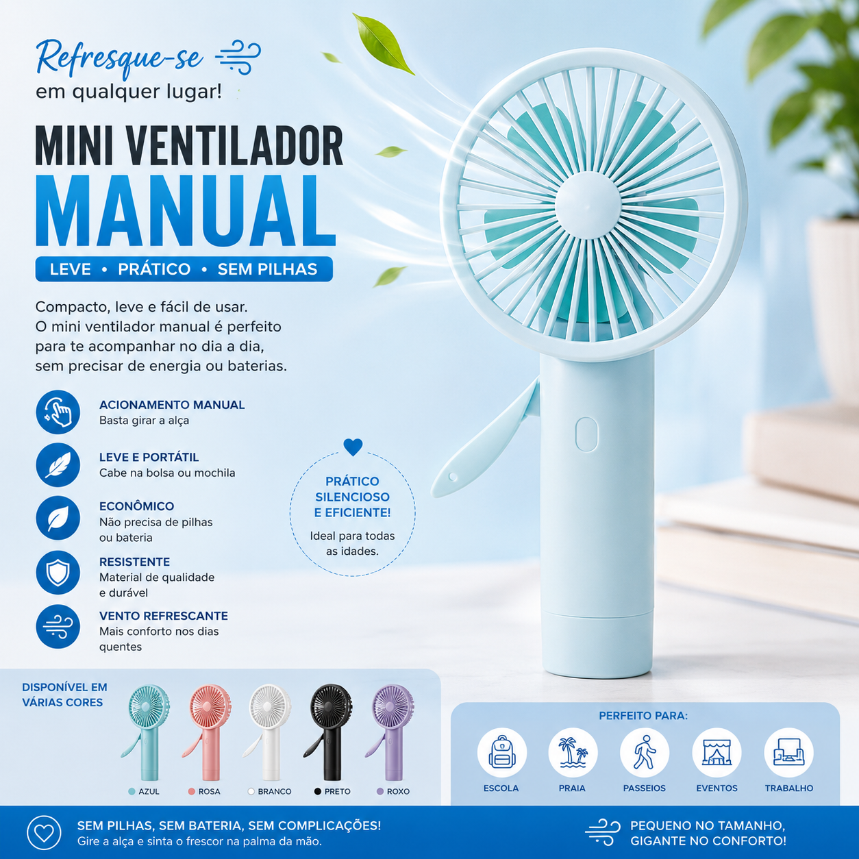 Kit 20 Mini Ventilador Manual Portátil