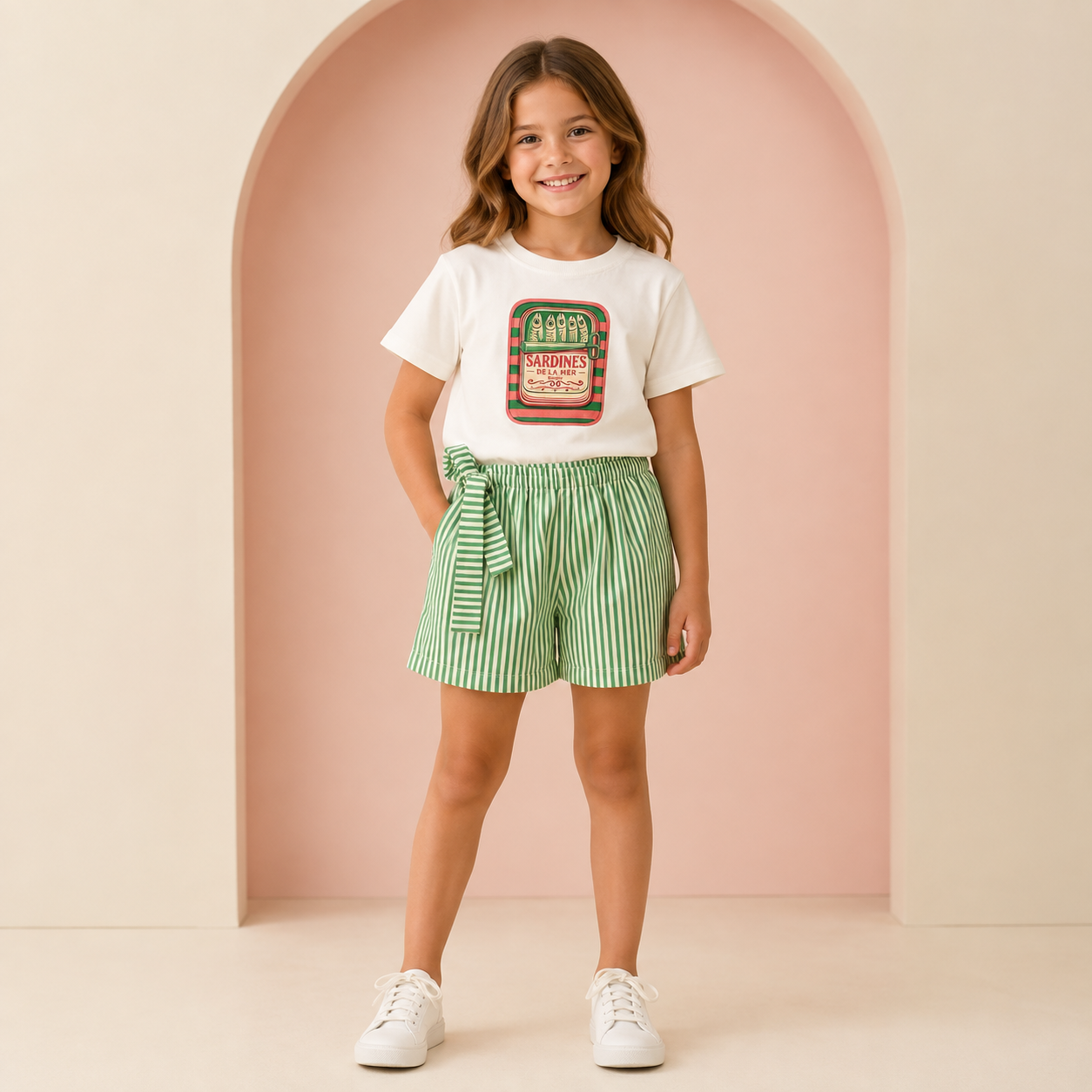 Conjunto Infantil Menina Sardinha Retrô - Camiseta e Short Listrado