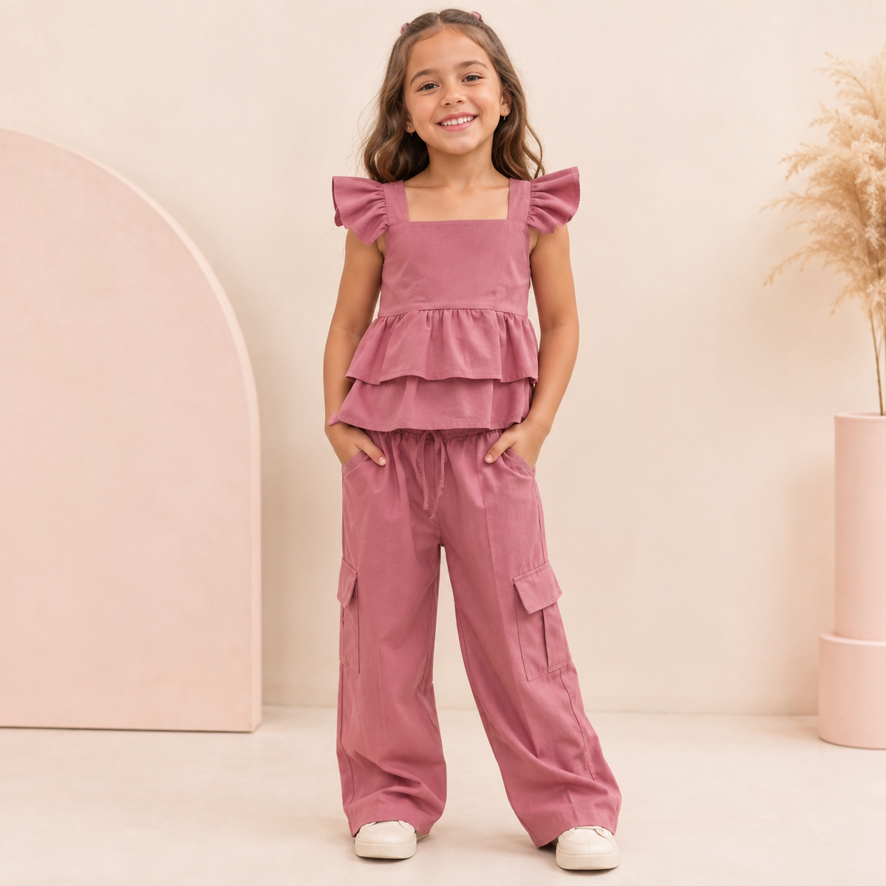 Conjunto Infantil Menina Blusa com Babados e Calça Cargo