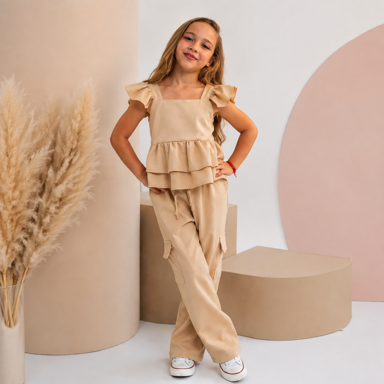 Conjunto Infantil Menina Blusa com Babados e Calça Cargo