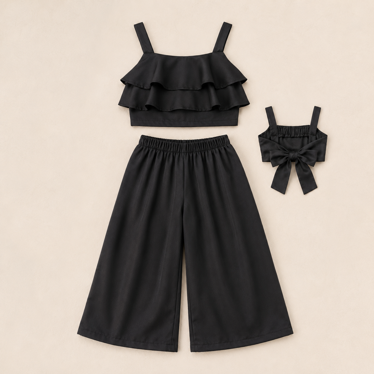 Conjunto Infantil Menina Cropped com Babados e Calça Pantalona Preta com Laço