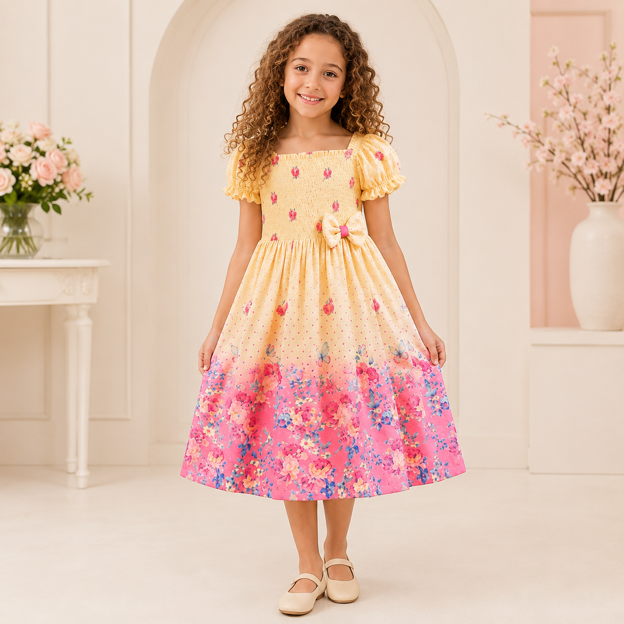 Vestido Infantil Flores e Borboletas Rosa