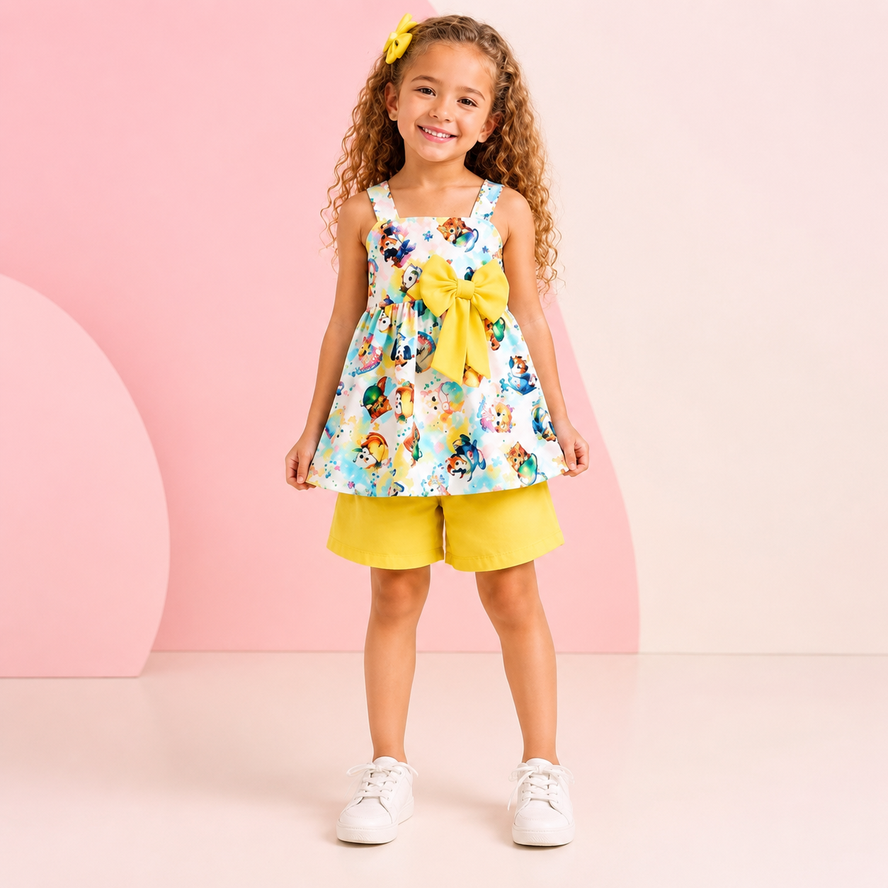 Conjunto Infantil Menina Bata Floral com Laço + Short
