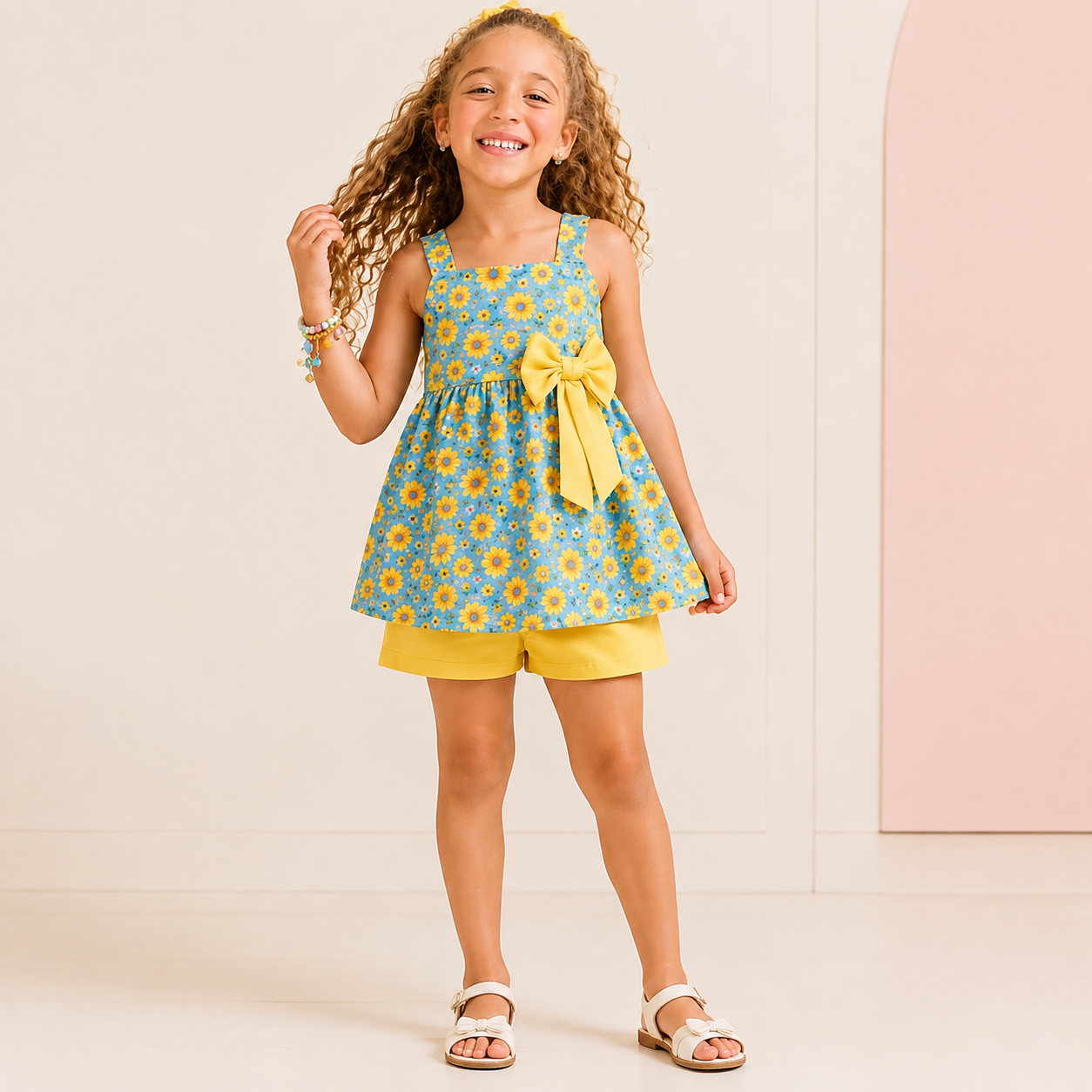 Conjunto Infantil Menina Bata Floral com Laço + Short