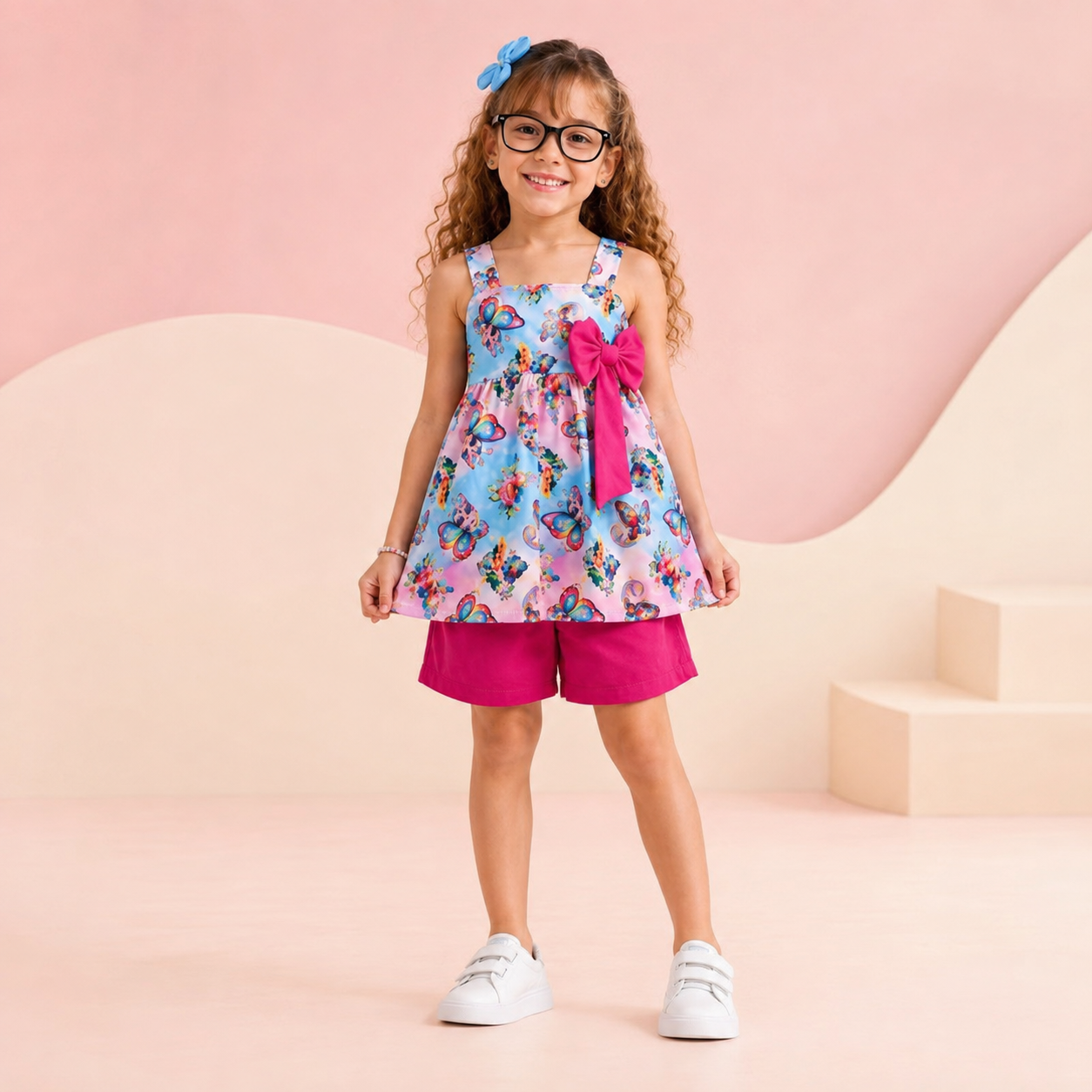 Conjunto Infantil Menina Bata Floral com Laço + Short