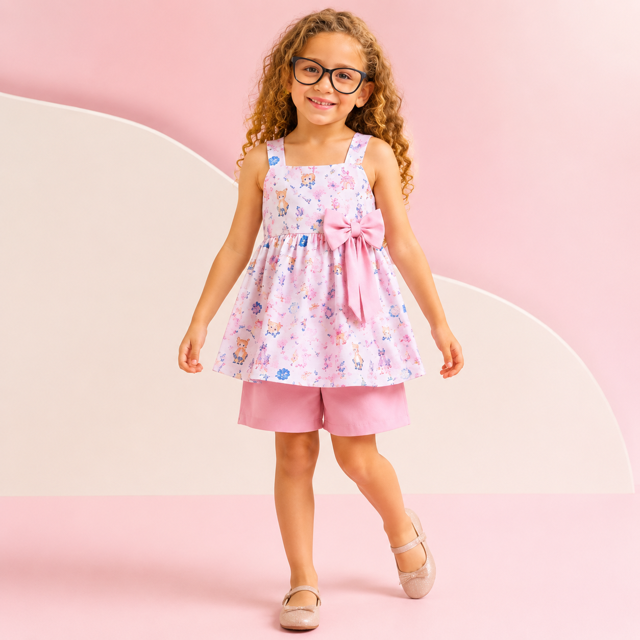 Conjunto Infantil Menina Bata Floral com Laço + Short