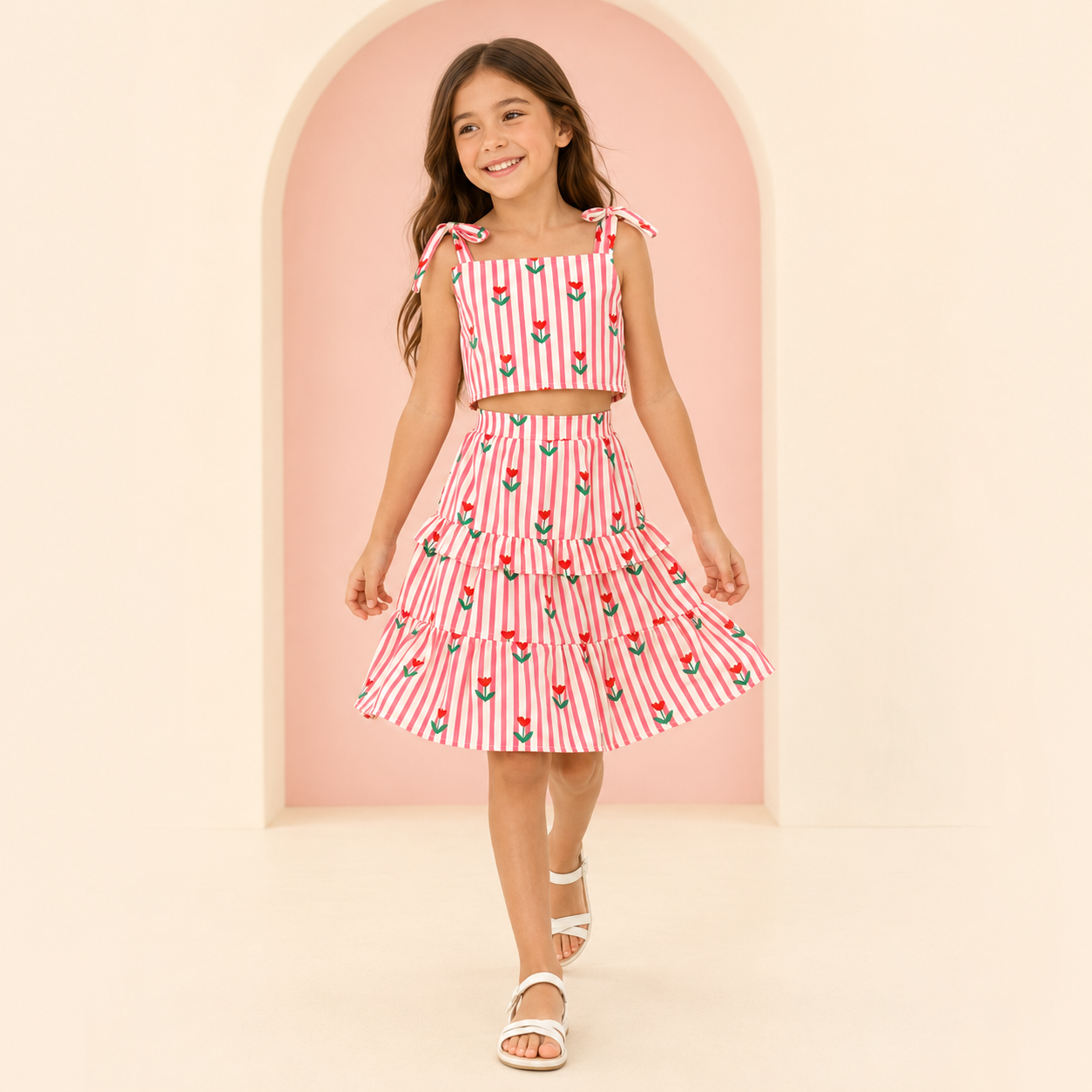 Conjunto Infantil Menina Cropped e Saia Listrada Rosa com Tulipas e Babados