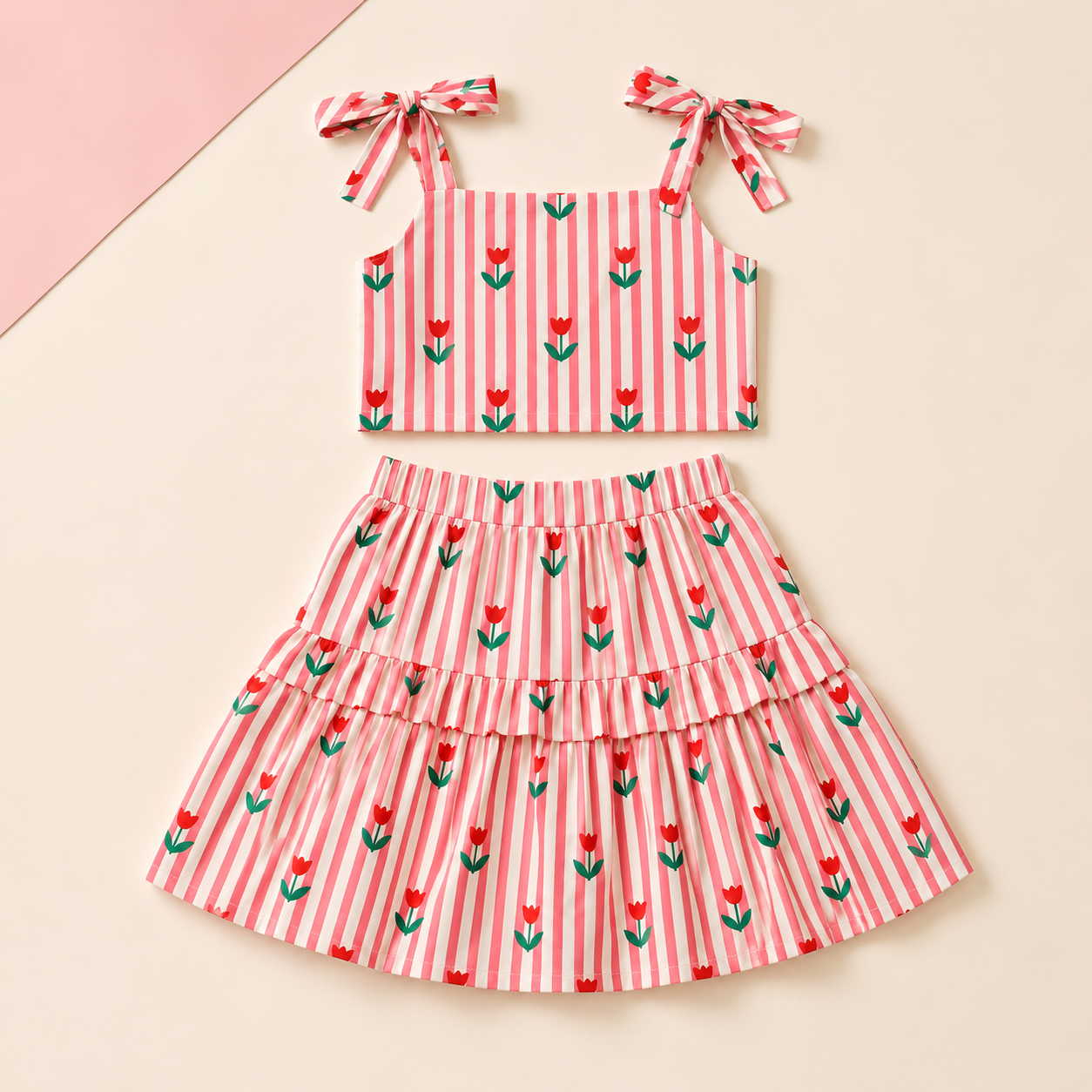 Conjunto Infantil Menina Cropped e Saia Listrada Rosa com Tulipas e Babados