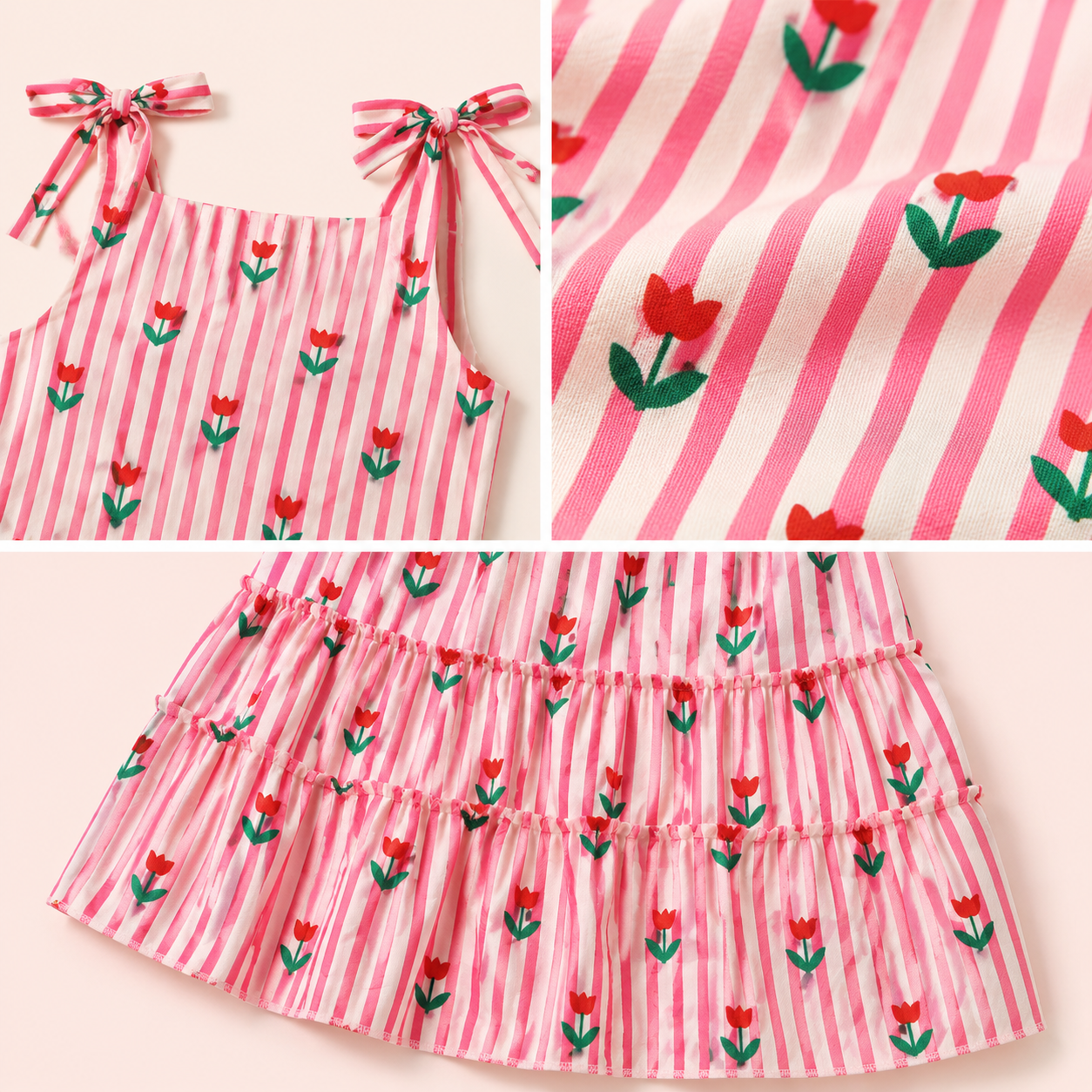 Conjunto Infantil Menina Cropped e Saia Listrada Rosa com Tulipas e Babados