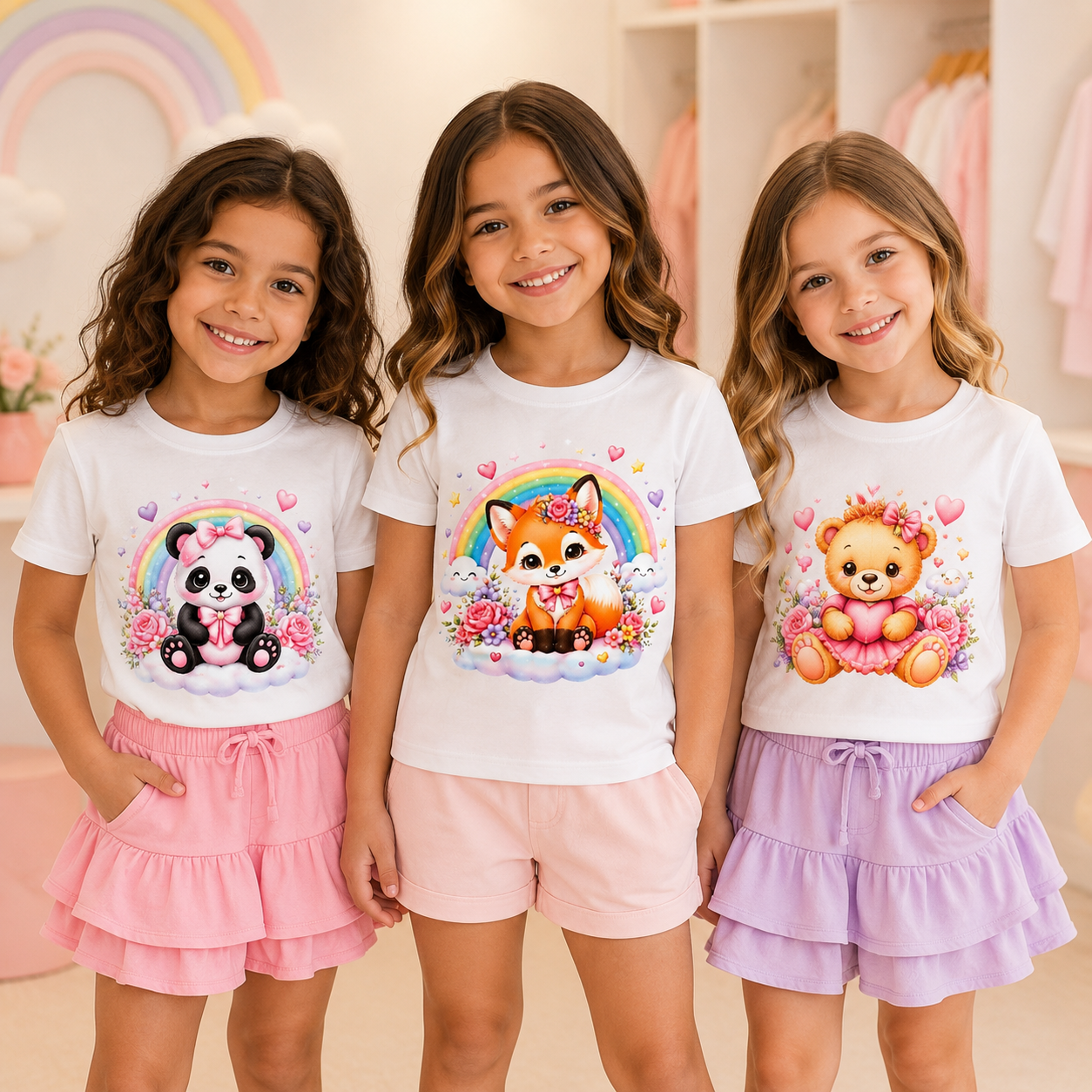 Camiseta Juvenil Feminina Nena - Panda, Urso e Raposa
