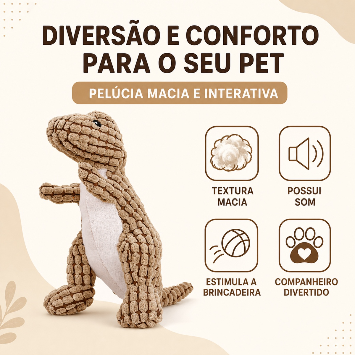 Brinquedo de Pelúcia Dinossauro Resistente com Som para Cães
