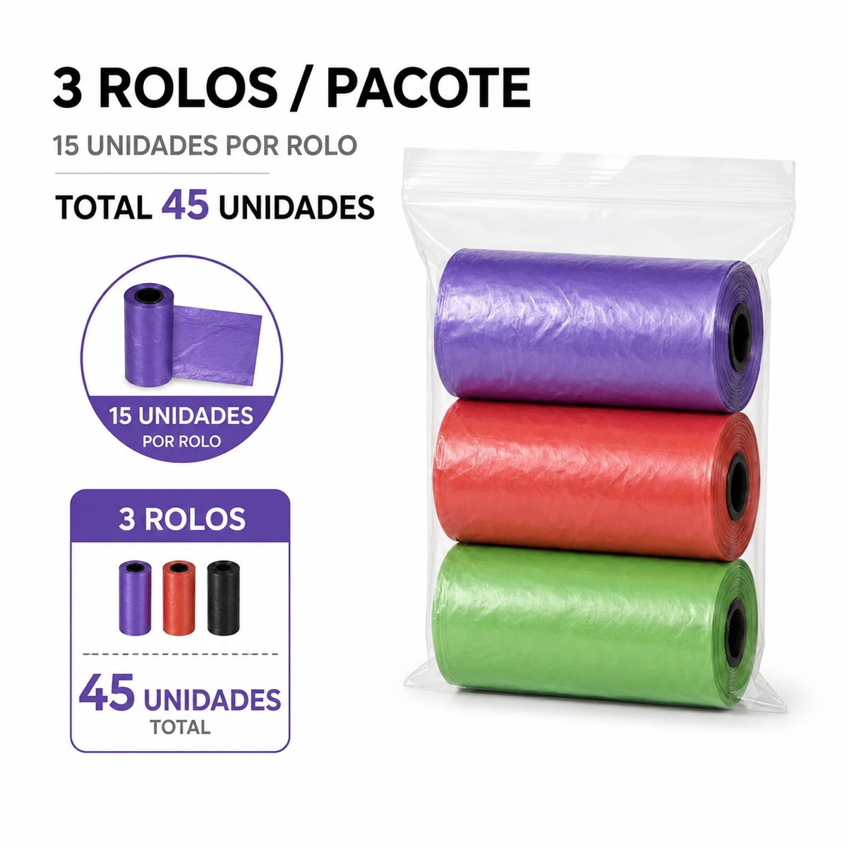 Kit 5 Pacotes 15 Rolos 225 Saquinhos Cata Caca Pet