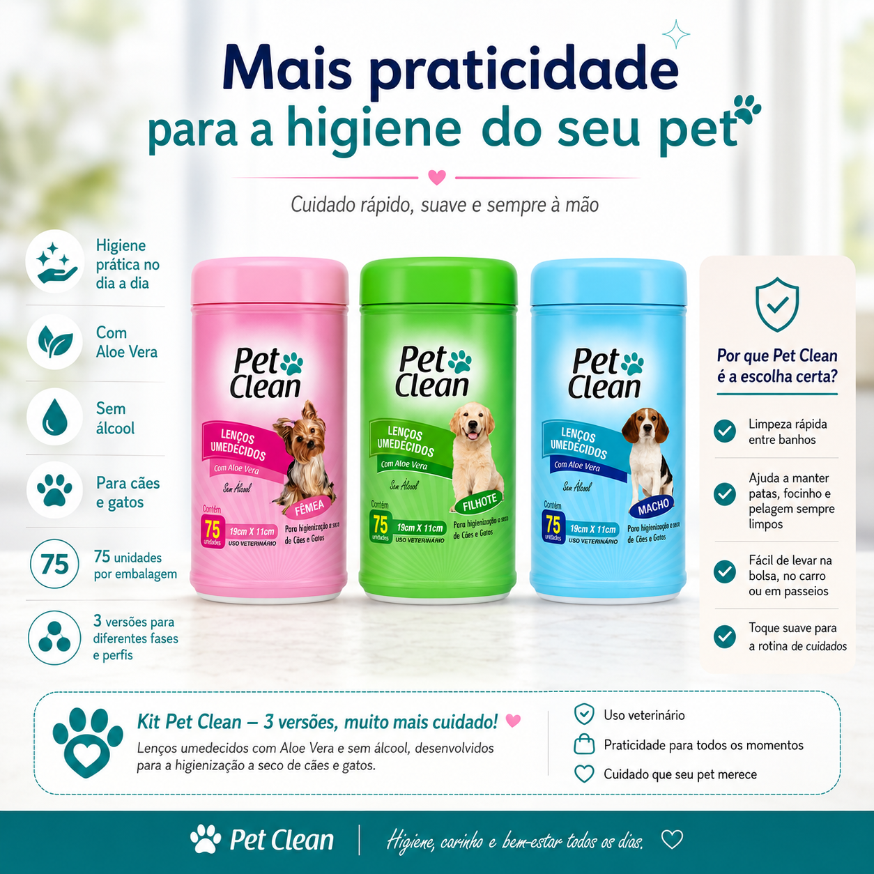 KIT 3 Lenços Umidecidos -  Macho Femea Filhote