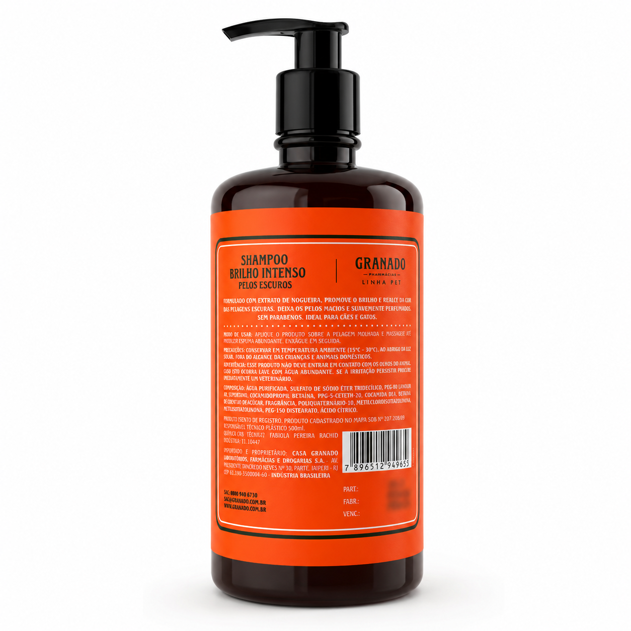 Kit Shampoo Granado  Pelos Escuros Pet 500ml  + Escova Banho Cães