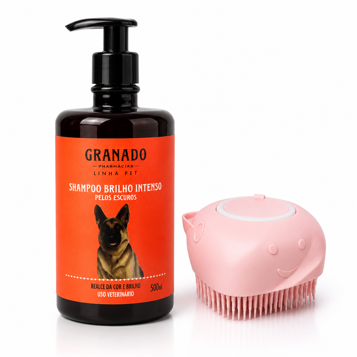 Kit Shampoo Granado  Pelos Escuros Pet 500ml  + Escova Banho Cães
