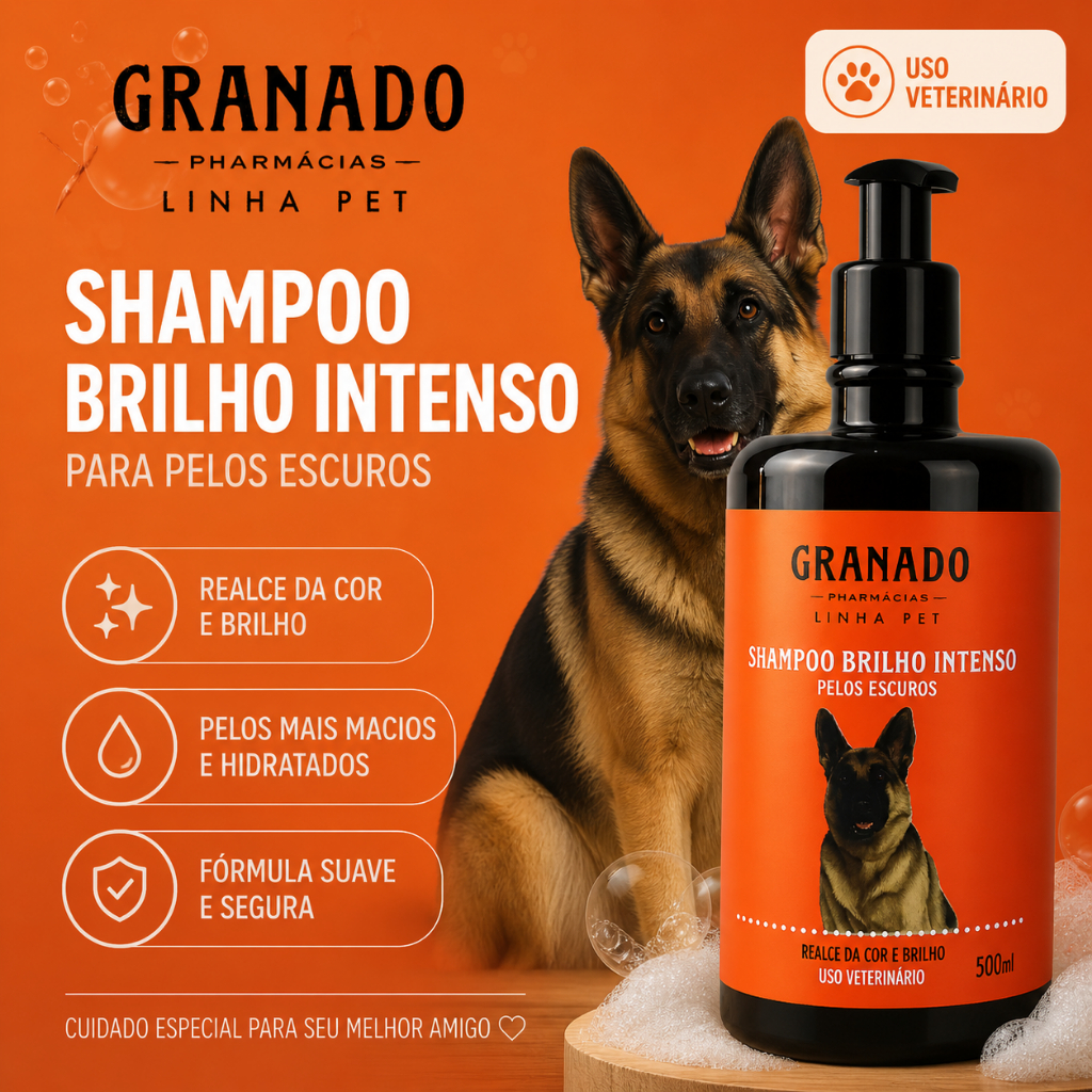 Kit Shampoo Granado  Pelos Escuros Pet 500ml  + Escova Banho Cães
