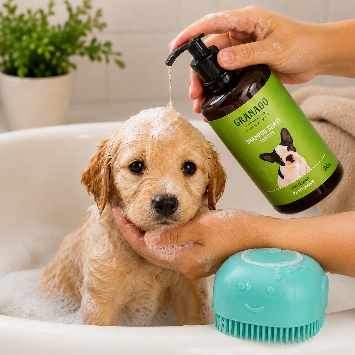 Kit Shampoo Granado Filhote 500ml + Escova Banho Pet