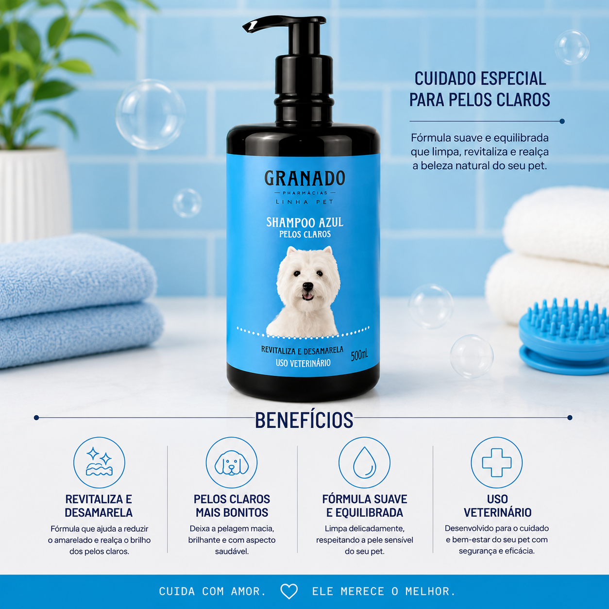 Kit Shampoo Granado Pelos Claros 500ml + Escova Banho Pet
