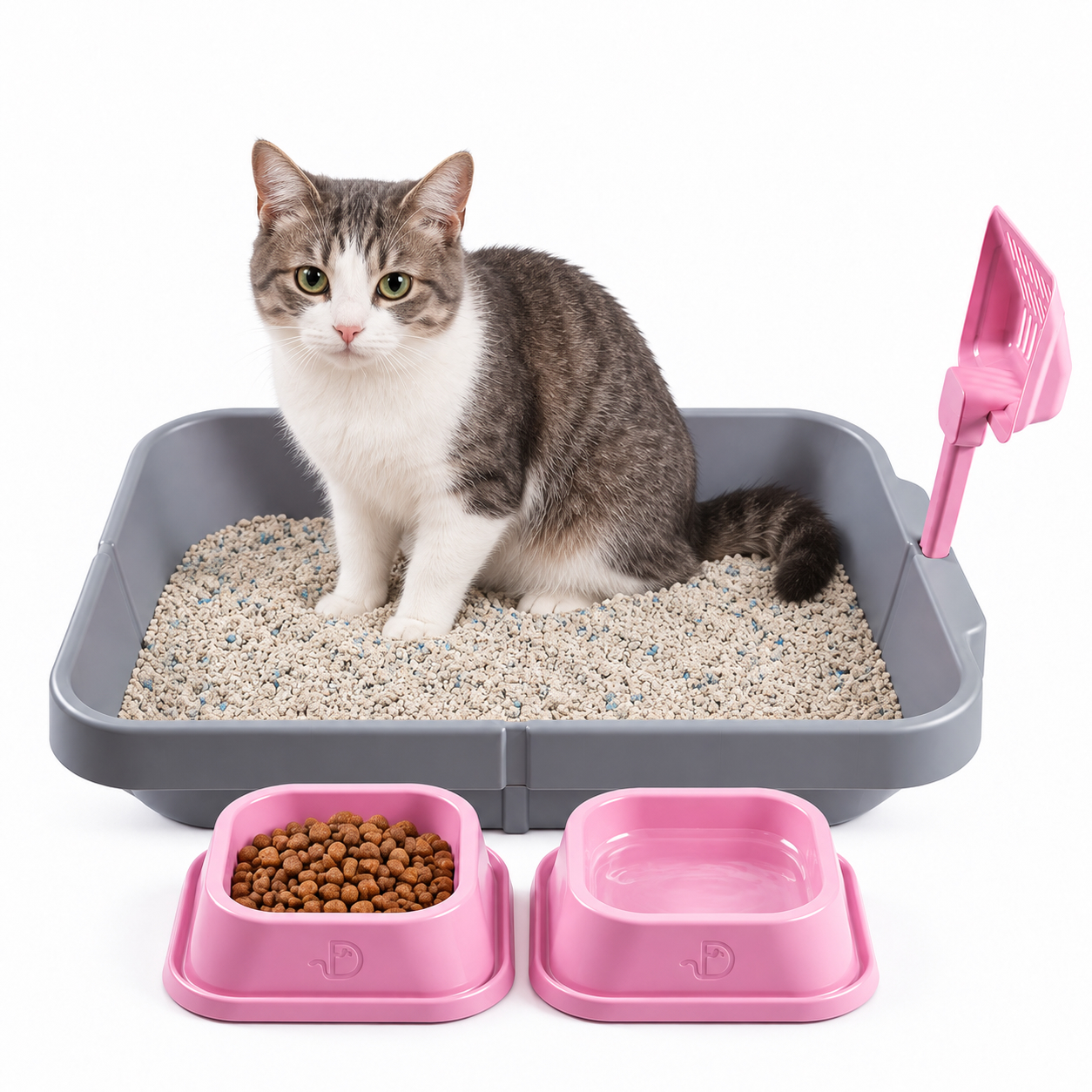 Kit 4 em 1 para Gatos DPet com Caixa de Areia, Comedouro, Bebedouro e Pá