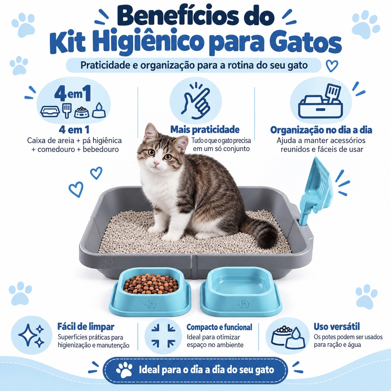 Kit 4 em 1 para Gatos DPet com Caixa de Areia, Comedouro, Bebedouro e Pá