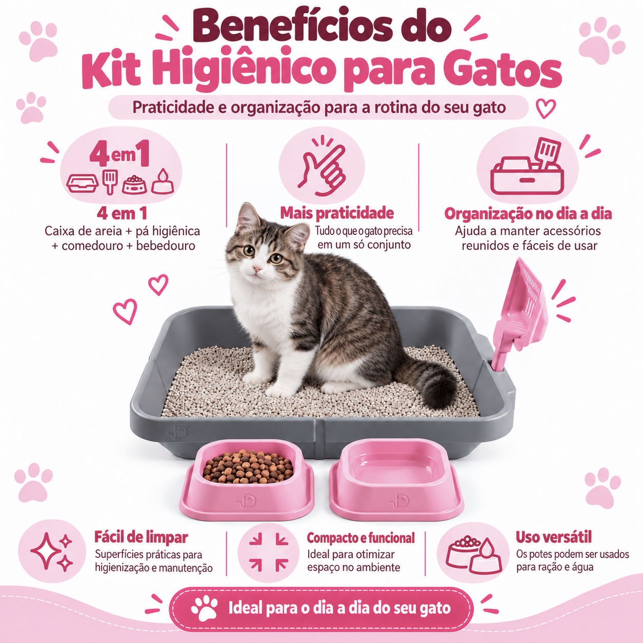 Kit 4 em 1 para Gatos DPet com Caixa de Areia, Comedouro, Bebedouro e Pá